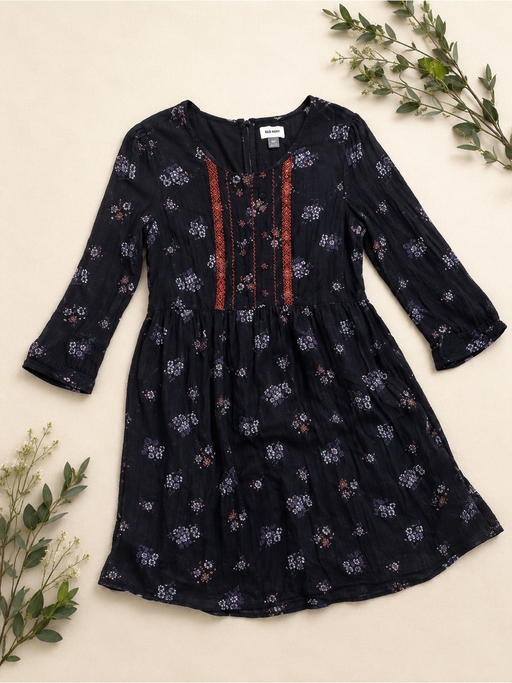 Old Navy Black Floral Dress | Fit & Flare, 3/4 Sleeve, Boho Style